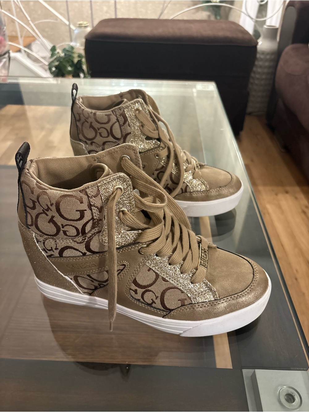 GUESS Women's Tan Logo High-Top Wedge Sneakers size 8